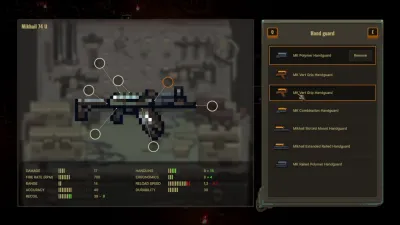Scavland weapon customization screen for the Mikhail 74 U showing stat bars and part slots