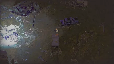 Night watch beside a wrecked tank in the wasteland
