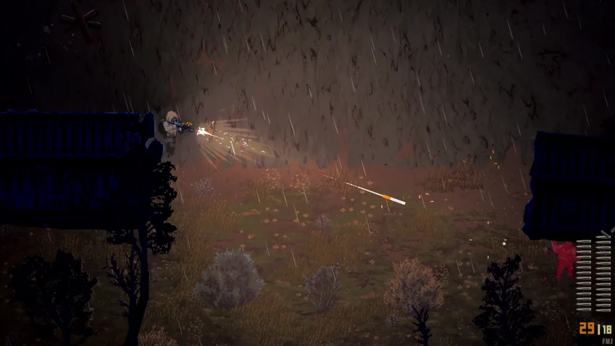 Top-down Scavland firefight in the rain — muzzle flash, tracer round, and the ammo counter (29 | 18, FMJ) — official in-game screenshot