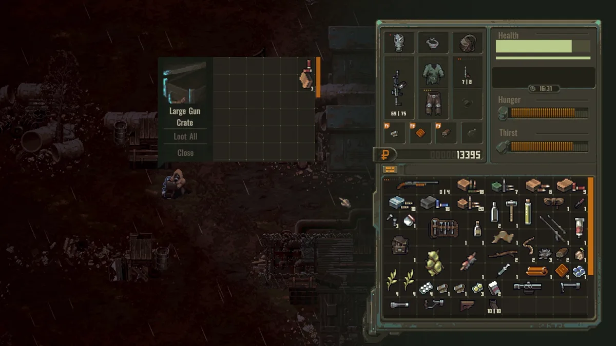 Scavland loot screen with a Large Gun Crate open beside the character inventory — official in-game screenshot