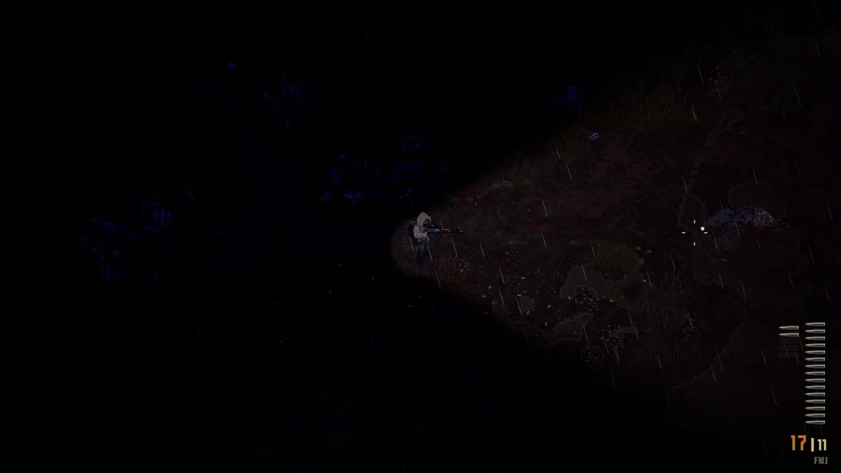 Scavland character aiming a scoped rifle through a dark forest in night rain — official in-game screenshot