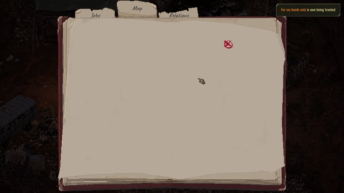The Scavland journal open on the Relations tab — Jobs, Map, and Relations tabs on top, the page itself still blank with a single red marker — official in-game screenshot
