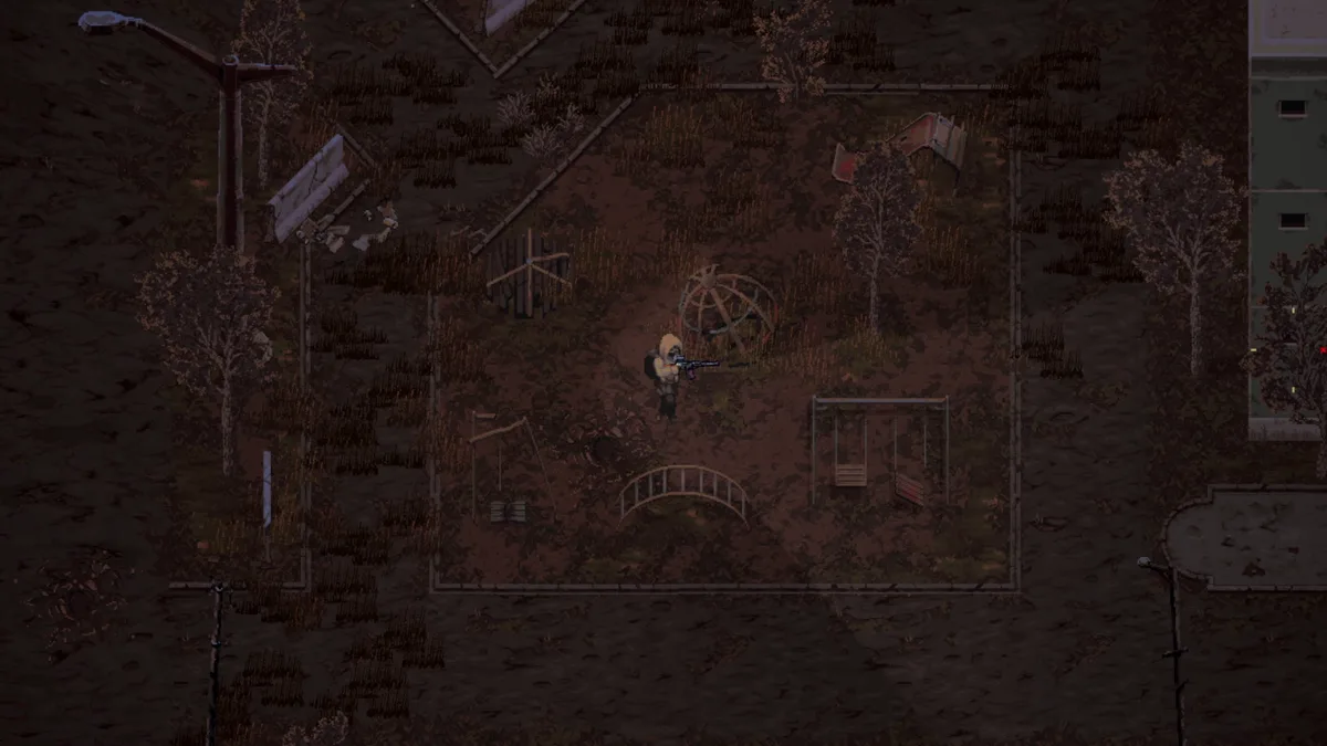 Scavland player character standing in a fenced overgrown area with distant buildings — official in-game screenshot