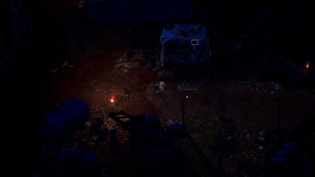 Scavland player character walking an open field at dusk, flashlight cone lighting the path ahead — official in-game screenshot