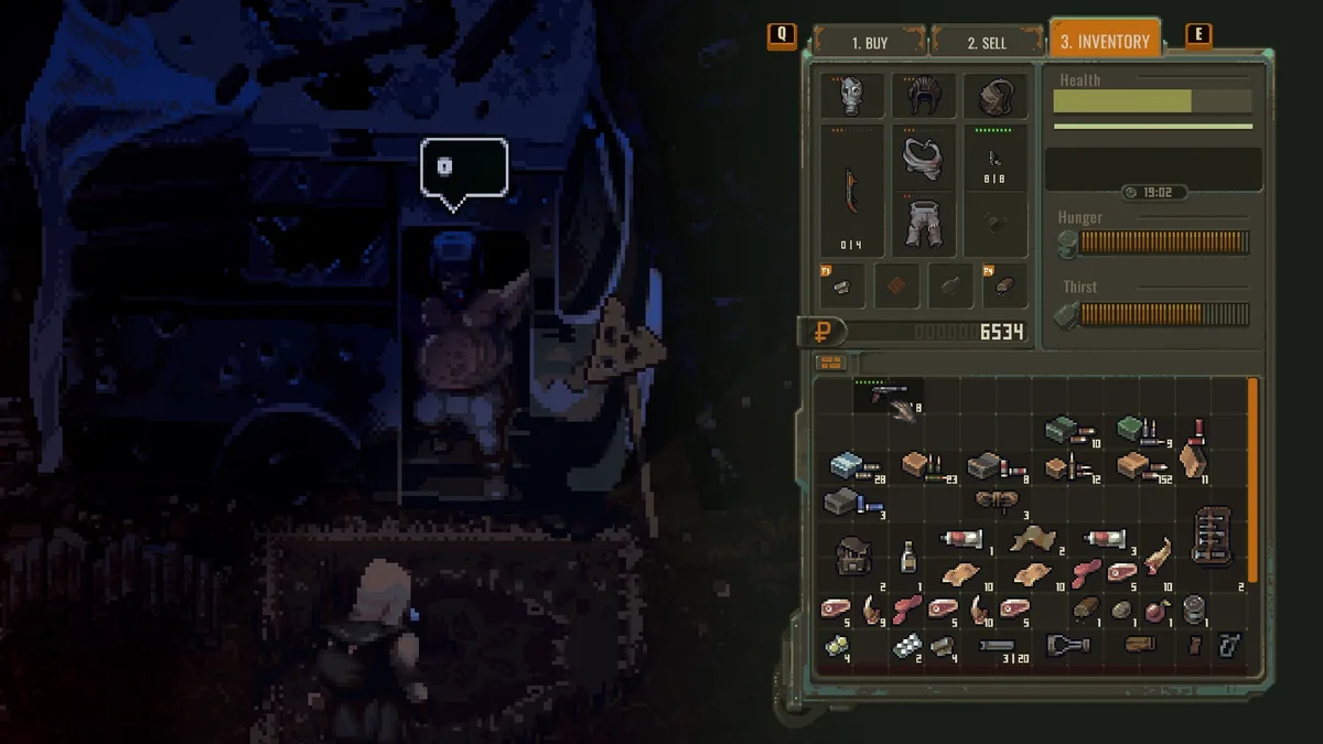 Scavland trader screen with the INVENTORY tab open — a supply grid of food, meds, and materials beside the Health, Hunger, and Thirst bars — official in-game screenshot