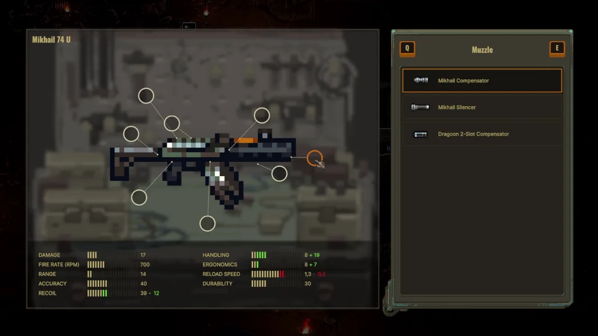 Scavland weapon customization screen for the Mikhail 74 U listing Damage, Fire Rate, Range, Accuracy, Recoil, Handling, Ergonomics, and Reload Speed with a muzzle attachments menu — official in-game screenshot