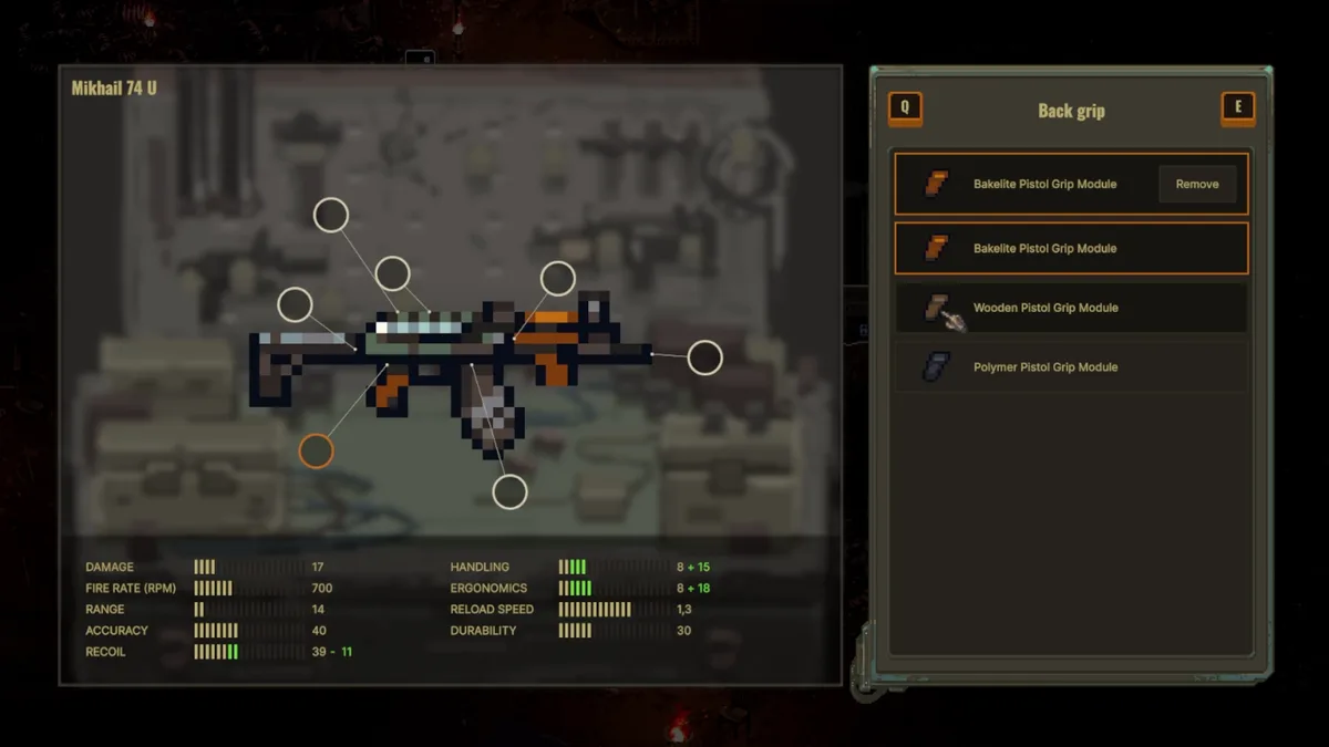 Scavland weapon statistics panel — a dark overlay with rows of stat bars and values for the inspected weapon — official in-game screenshot