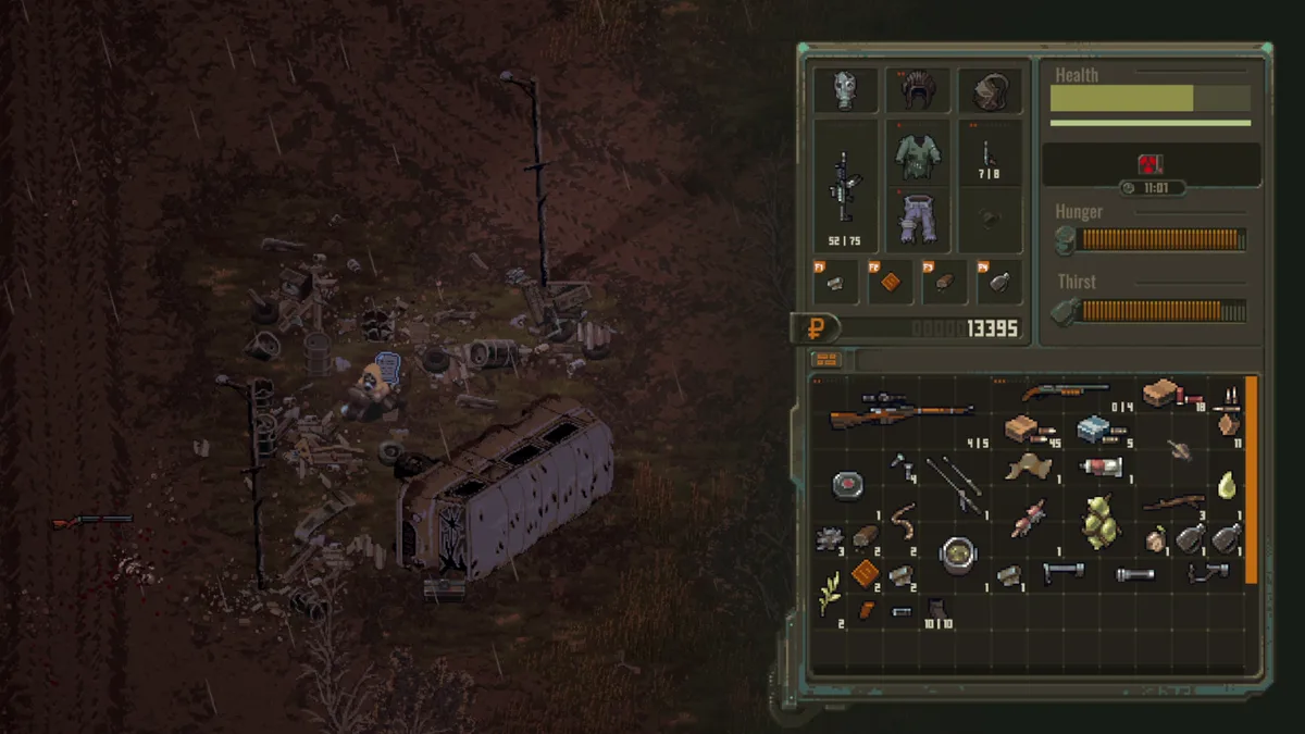 Scavland wasteland scene with a wrecked bus and the inventory screen open — weapons, gear, and rubles visible — official in-game screenshot